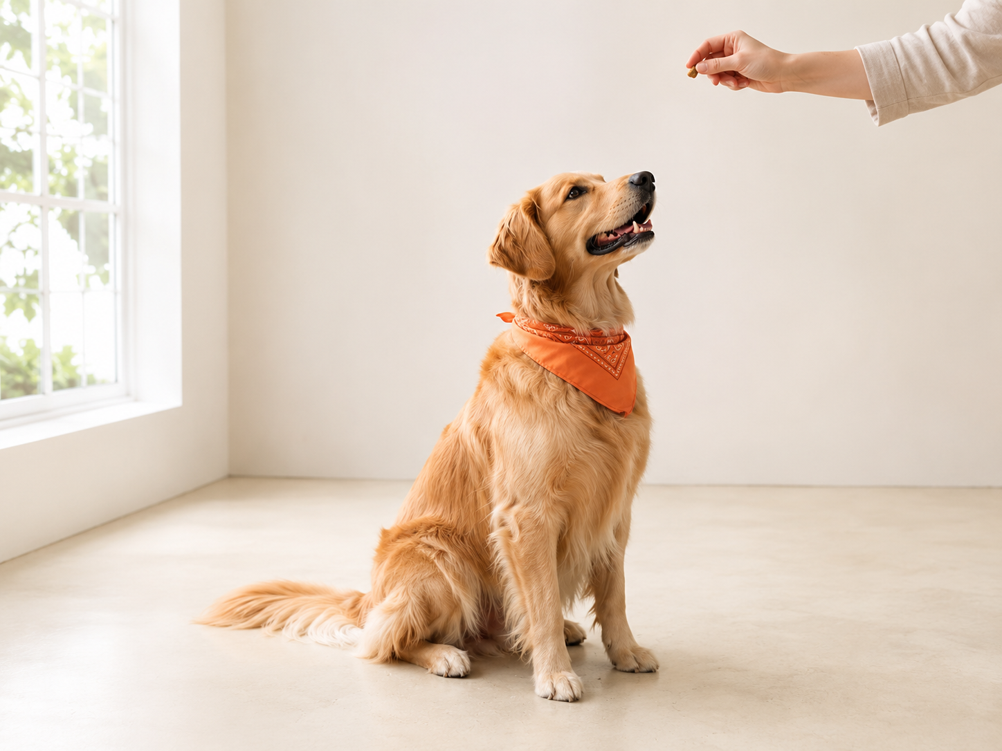 Golden retriever sitting calmly indoors wearing an orange bandana