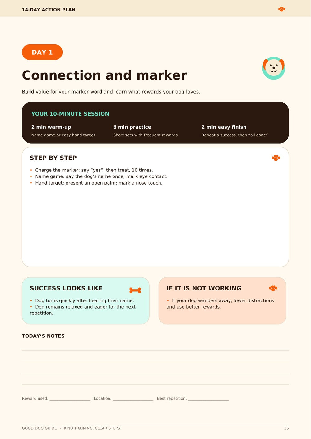 Sample Day 1 action plan page from the Good Dog Guide PDF