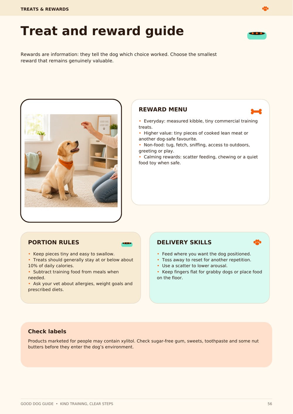Sample treat and reward guide page from the Good Dog Guide PDF